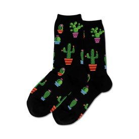 black novelty socks with green cacti in orange, blue, green, or purple pots. perfect for women who garden or love succulents.   