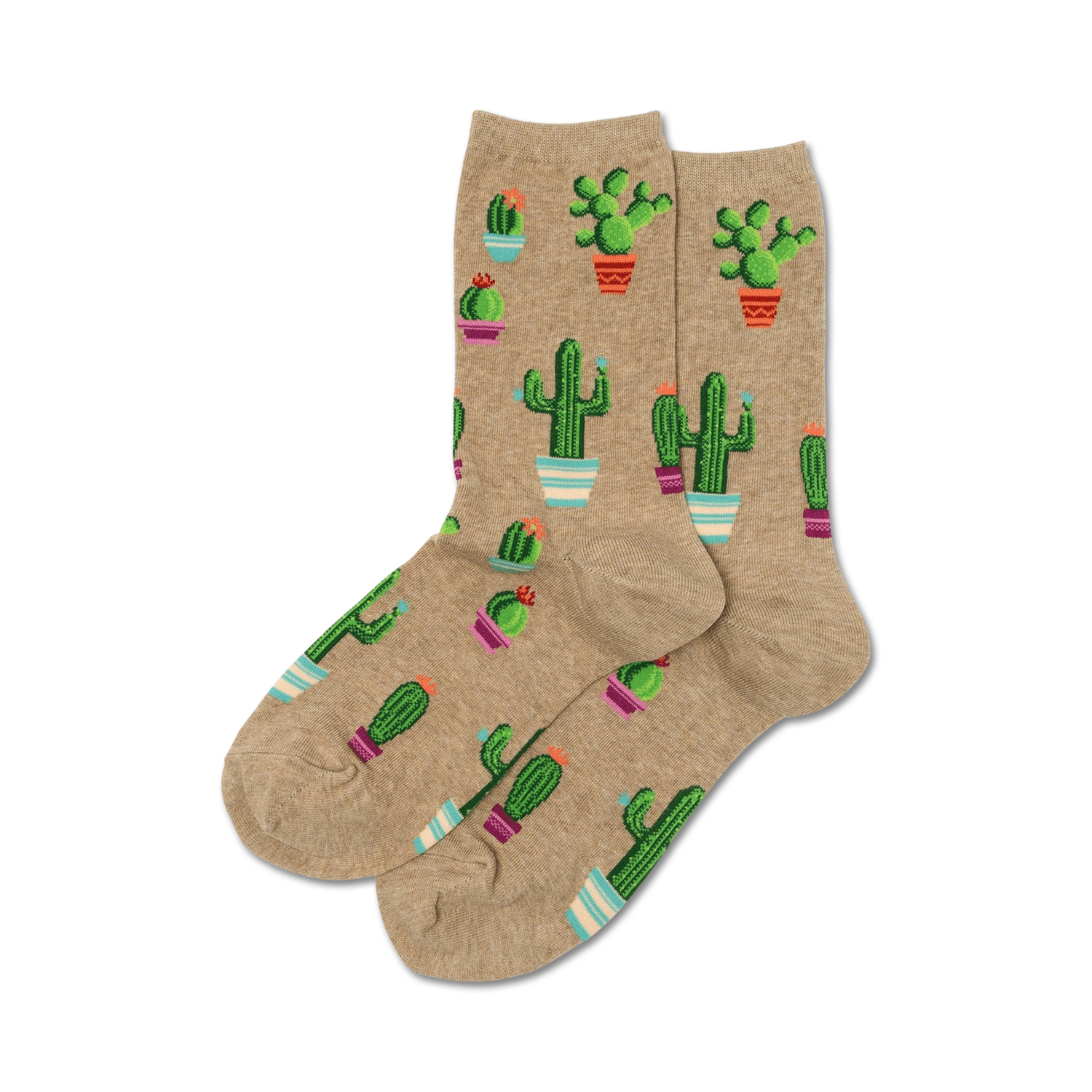 Beige crew socks with a repeating pattern of potted cacti in various colors and sizes.