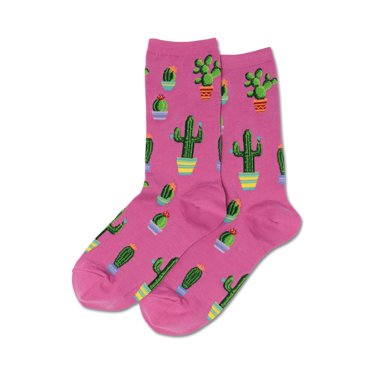 Pink crew socks with a repeating pattern of potted cacti in various colors and sizes.