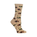 Crew socks in beige with a repeating pattern of brown bison and small green mountain shapes. 