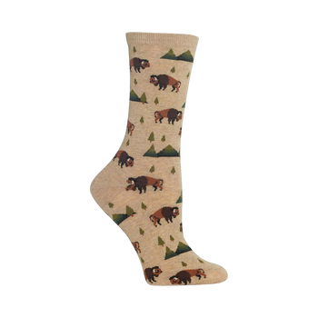 Crew socks in beige with a repeating pattern of brown bison and small green mountain shapes. 