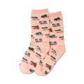 Pair of pink crew socks with a pattern of colorful vintage camper vans.  Perfect for adding a touch of whimsy to any outfit!