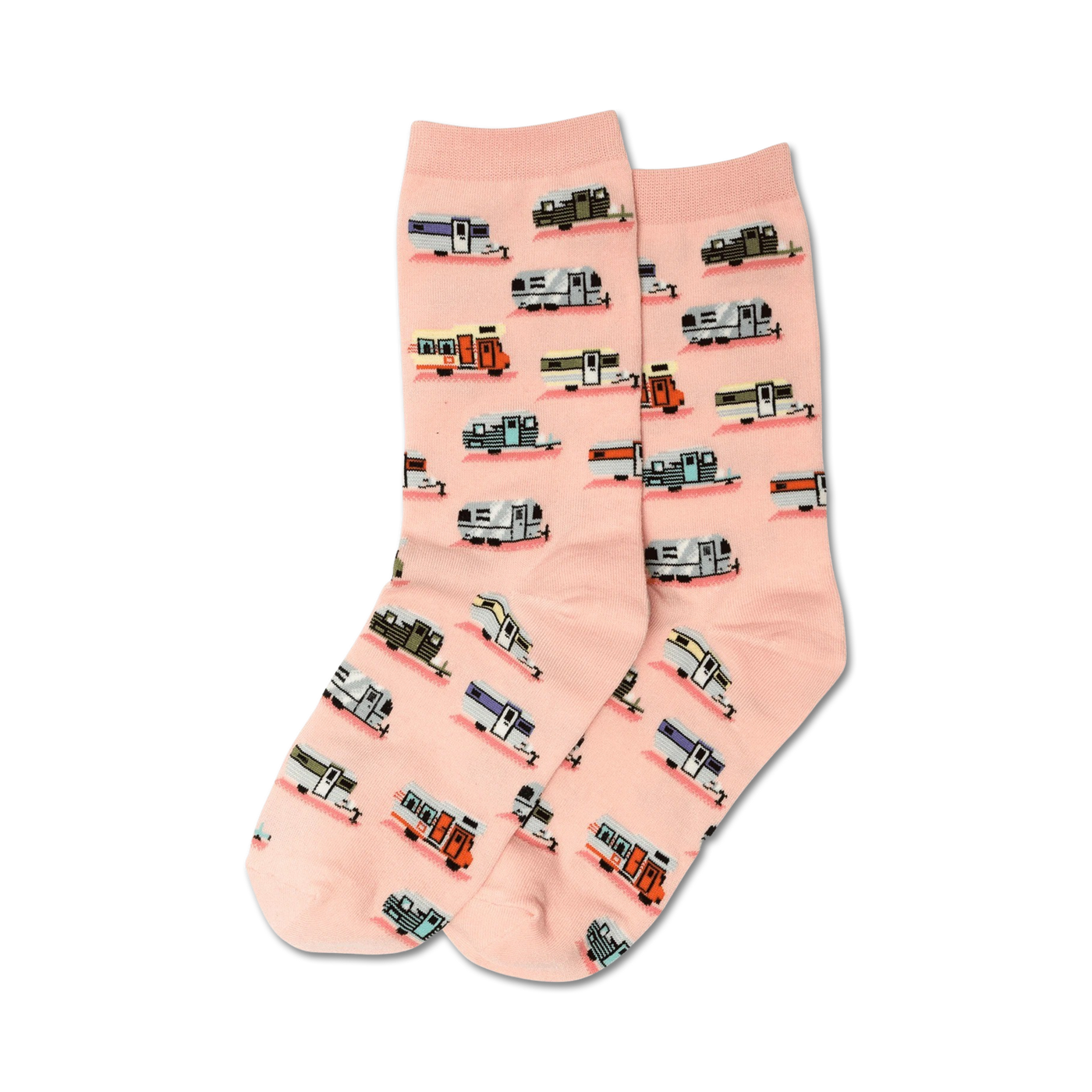 Pair of pink crew socks with a pattern of colorful vintage camper vans.  Perfect for adding a touch of whimsy to any outfit!