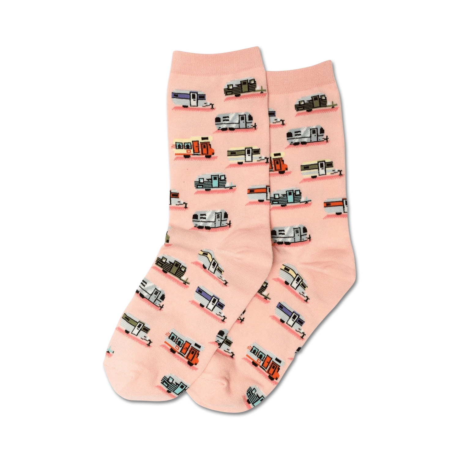 Pair of pink crew socks with a pattern of colorful vintage camper vans.  Perfect for adding a touch of whimsy to any outfit!