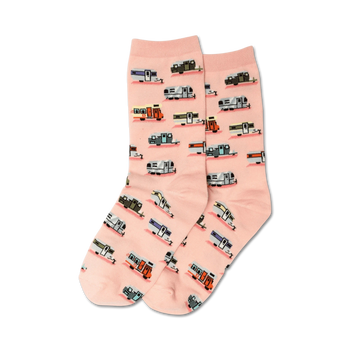 pink crew socks with a blue, green, orange, white, and brown pattern of vintage camper trailers.  