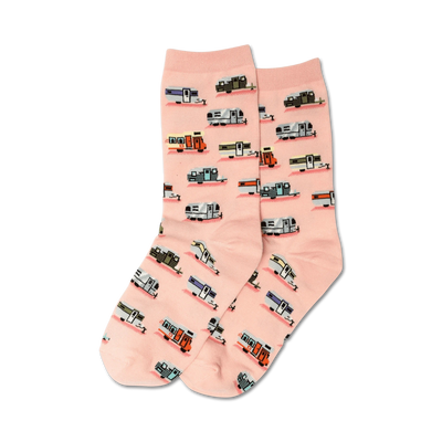 pink crew socks with a blue, green, orange, white, and brown pattern of vintage camper trailers.  