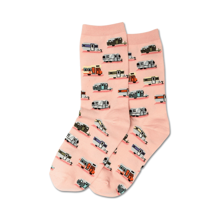 pink crew socks with a blue, green, orange, white, and brown pattern of vintage camper trailers.   }}