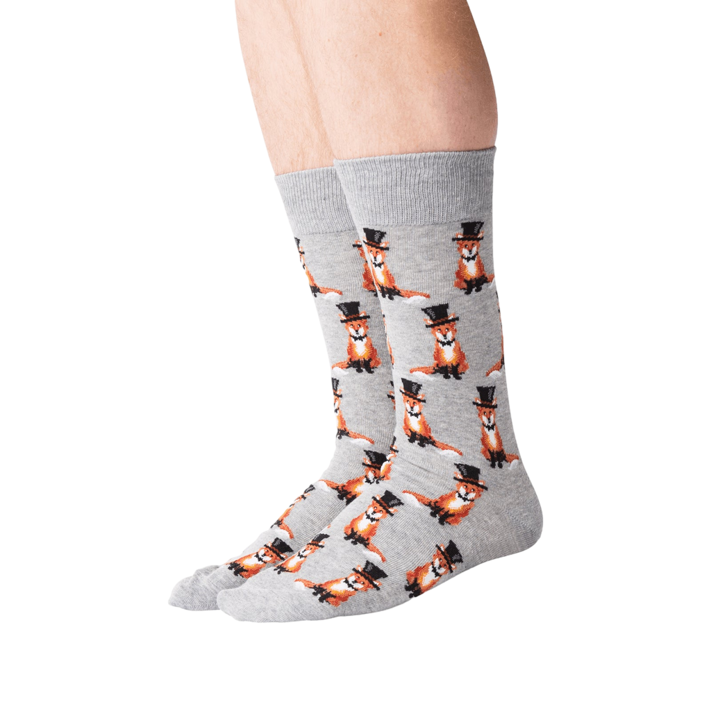 Lifestyle shot showing the Foxy Groom socks on a person's legs.