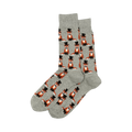 Pair of gray crew socks with a repeating pattern of orange foxes wearing black top hats and bow ties.
