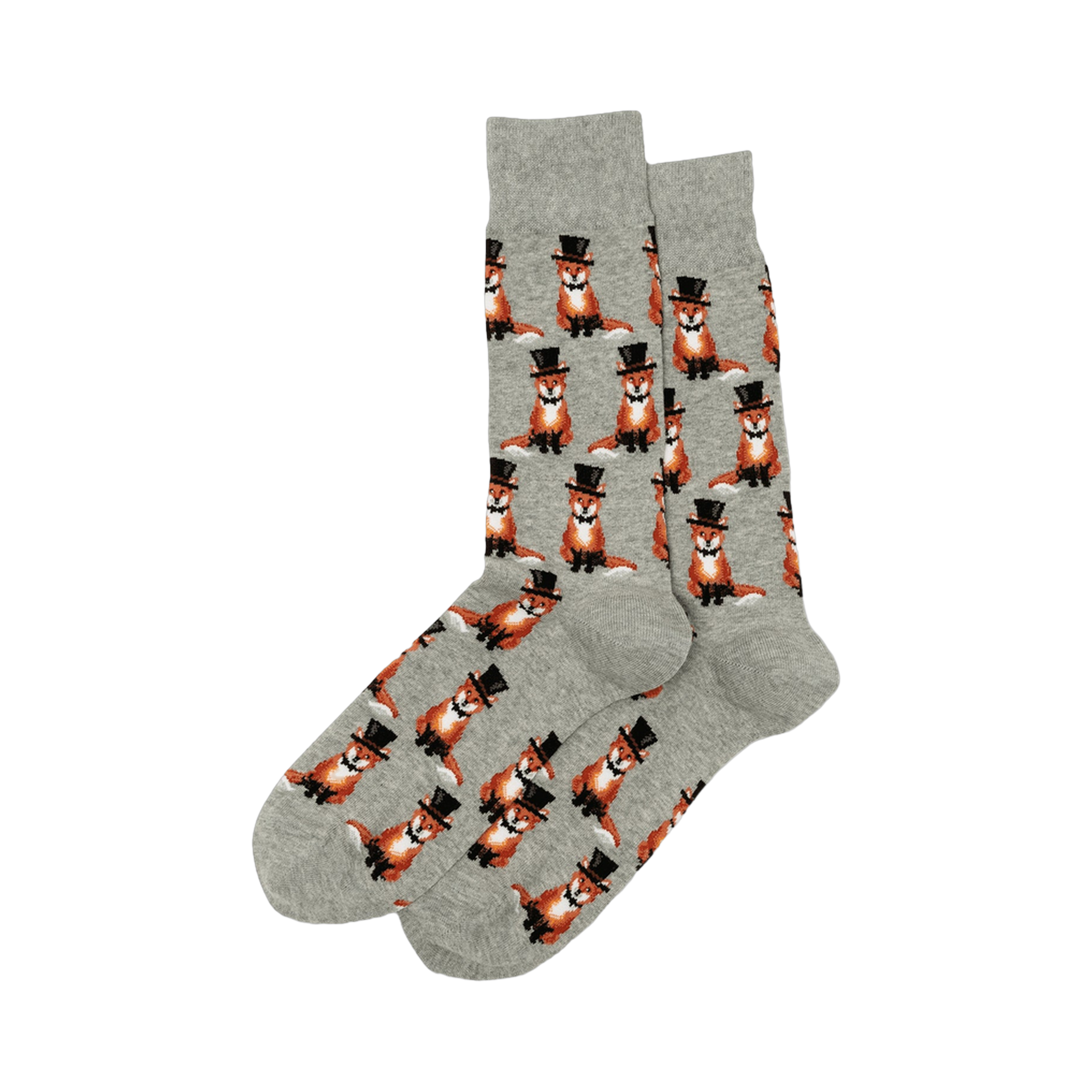Pair of gray crew socks with a repeating pattern of orange foxes wearing black top hats and bow ties.