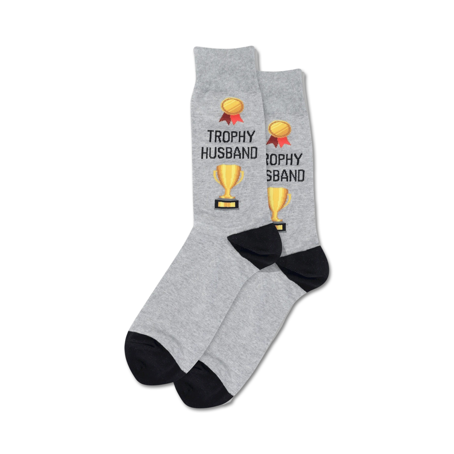 Pair of crew socks; grey and navy options; feature gold trophy and 'Trophy Husband' text.