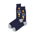 Lifestyle flatlay image showing a pair of navy 'Trophy Husband' socks.