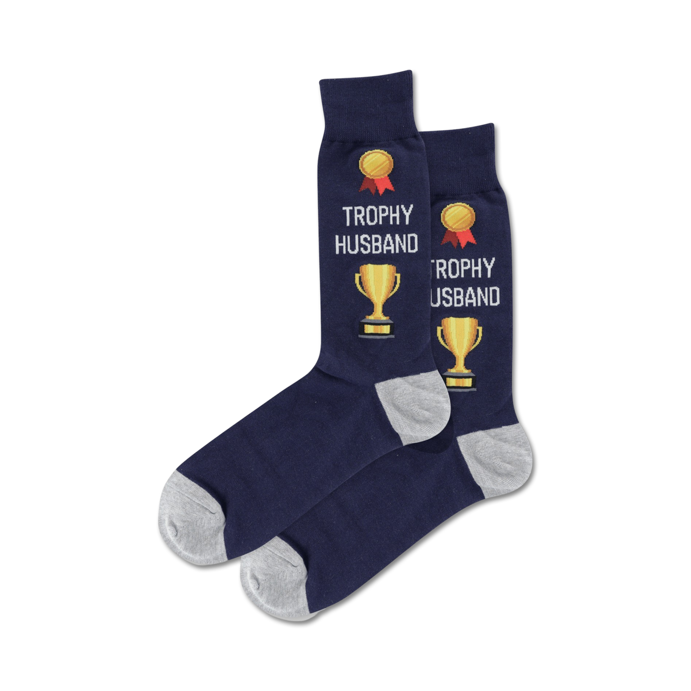 Lifestyle flatlay image showing a pair of navy 'Trophy Husband' socks.