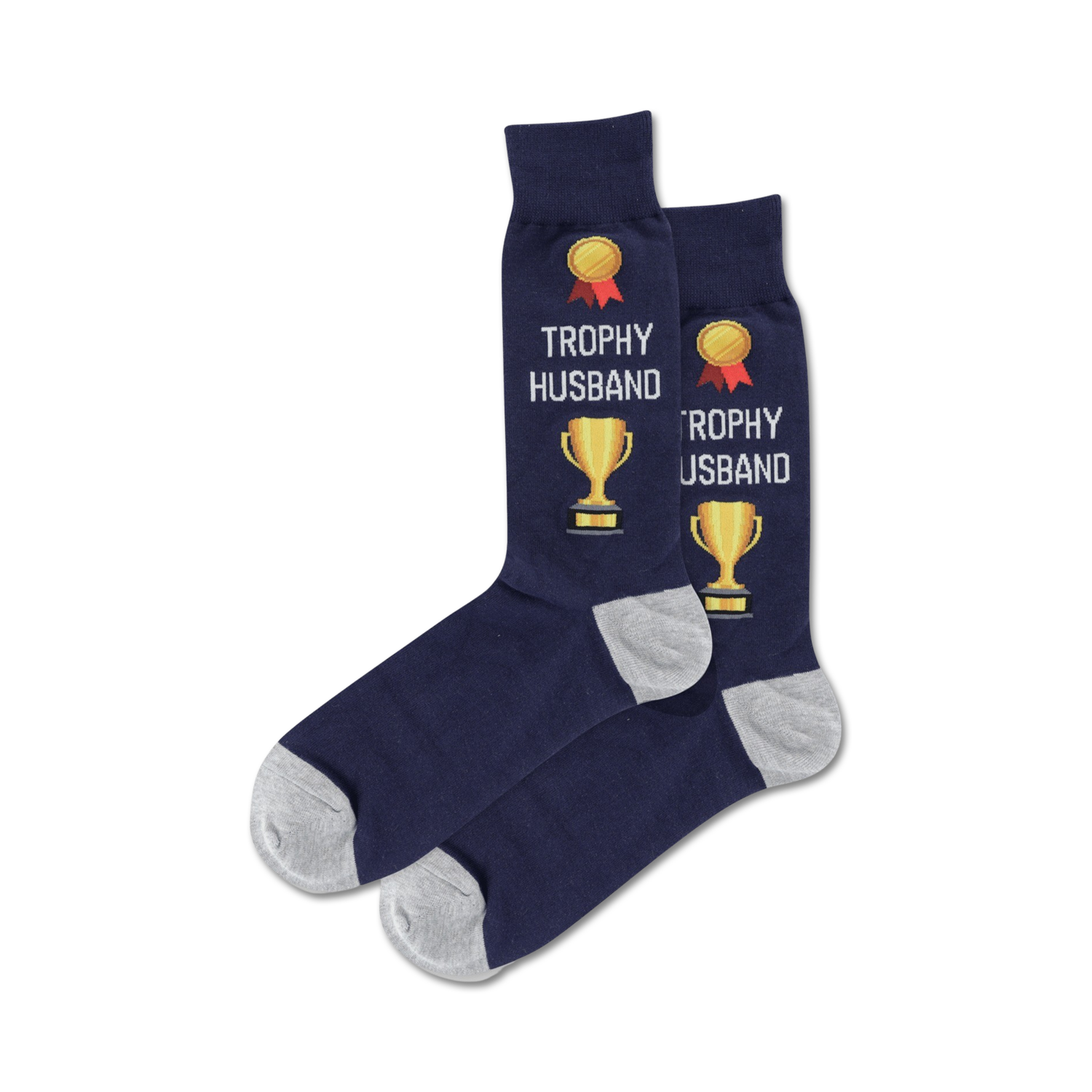Lifestyle flatlay image showing a pair of navy 'Trophy Husband' socks.
