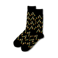 A pair of black crew socks featuring a repeating pattern of gold champagne bottles popping with green celebratory bursts and gold champagne glasses.