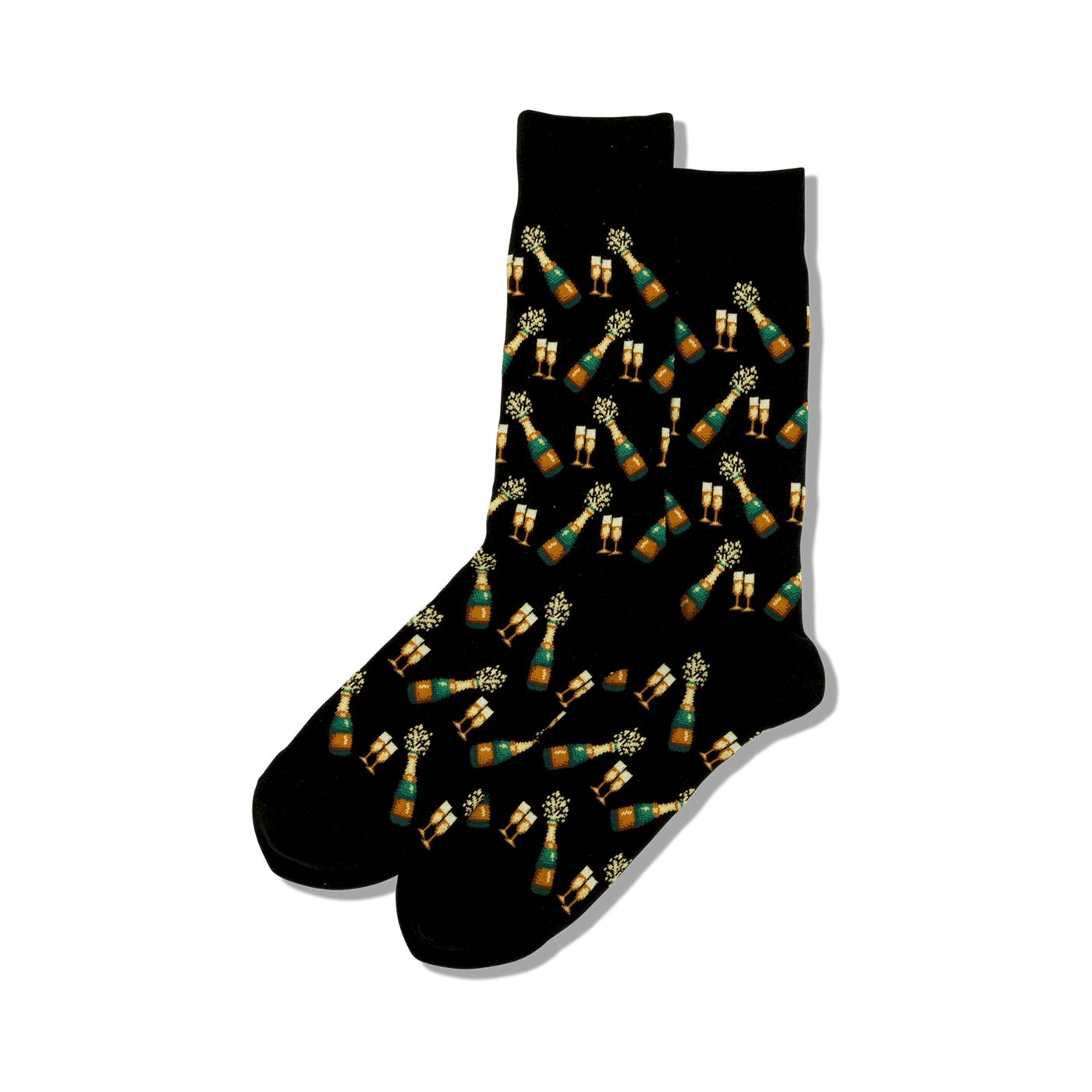 A pair of black crew socks featuring a repeating pattern of gold champagne bottles popping with green celebratory bursts and gold champagne glasses.