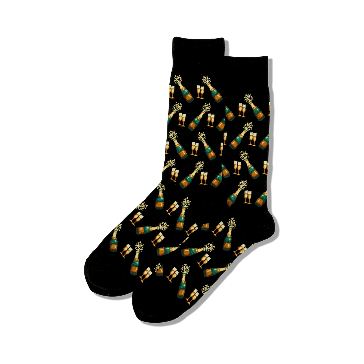A pair of black crew socks featuring a repeating pattern of gold champagne bottles popping with green celebratory bursts and gold champagne glasses.