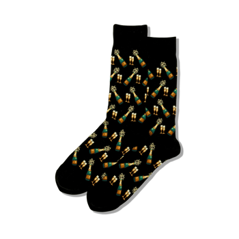 novelty crew socks with green and gold champagne bottles and gold glasses on a black background. great wedding accessory.  