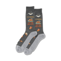 A pair of dark gray crew socks with a Thanksgiving theme. The socks feature images of turkey, pie, and gravy, along with the text 'Leftovers Are For Quitters'.