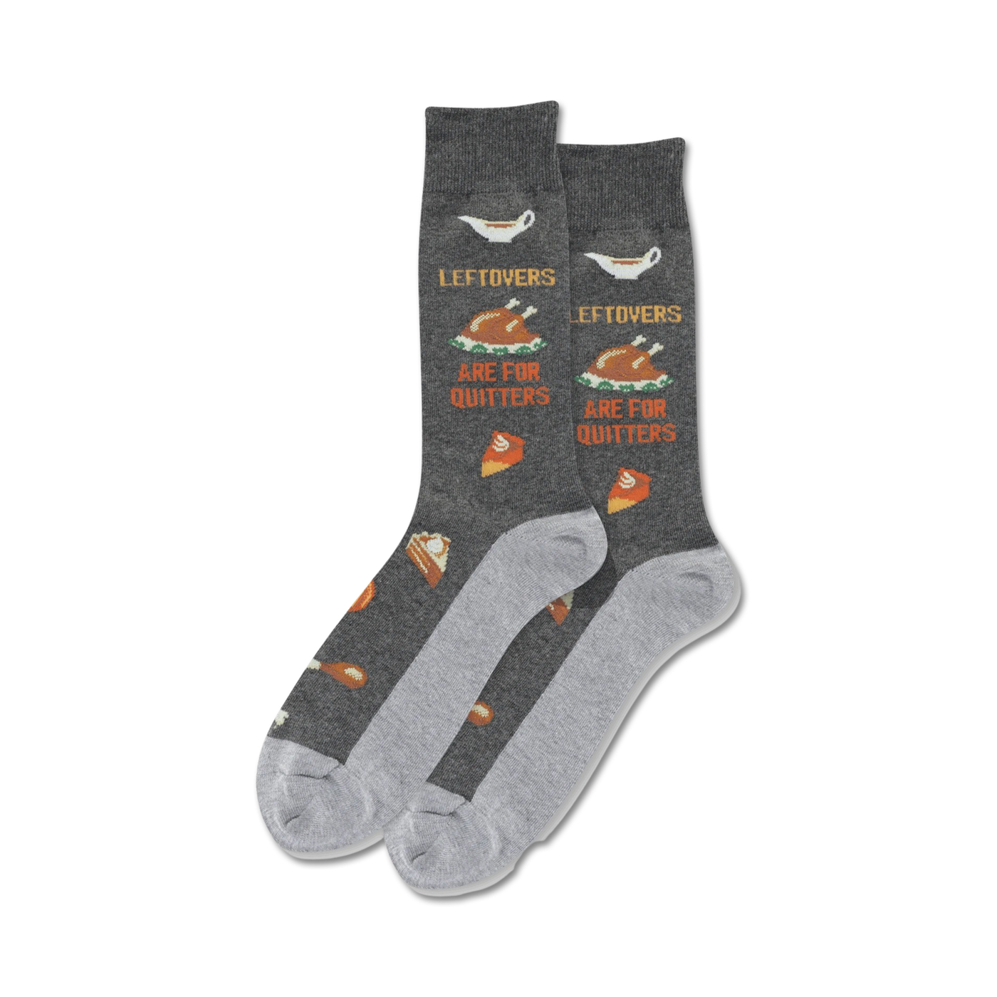 A pair of dark gray crew socks with a Thanksgiving theme. The socks feature images of turkey, pie, and gravy, along with the text 'Leftovers Are For Quitters'.