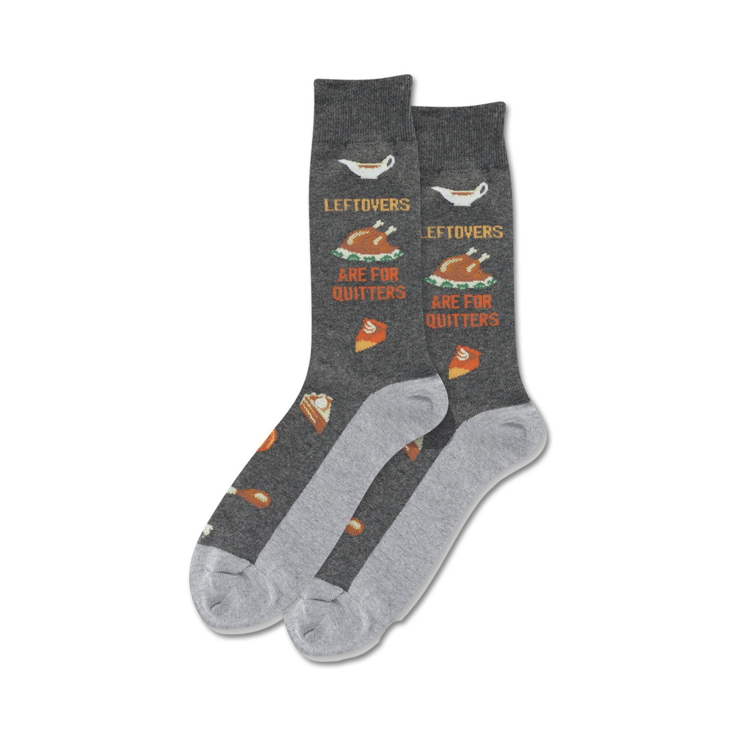 A pair of dark gray crew socks with a Thanksgiving theme. The socks feature images of turkey, pie, and gravy, along with the text 'Leftovers Are For Quitters'.