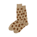 A pair of tan crew socks with a repeating pattern of brown pixelated roasted turkeys. Fun and festive!
