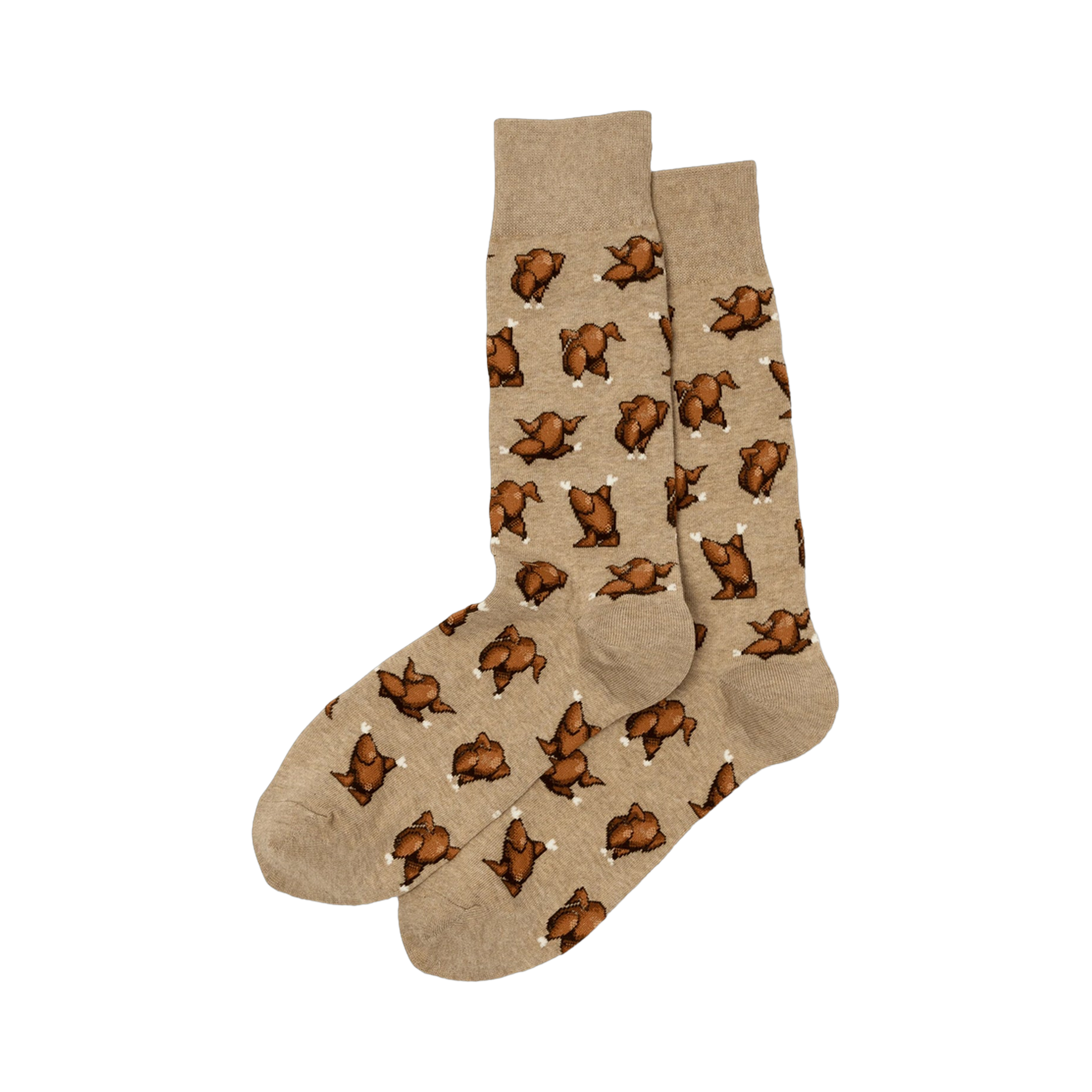 A pair of tan crew socks with a repeating pattern of brown pixelated roasted turkeys. Fun and festive!