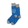 Pair of blue crew socks with light blue polka dots and the text "Up to Snow Good." Grey cuffs.