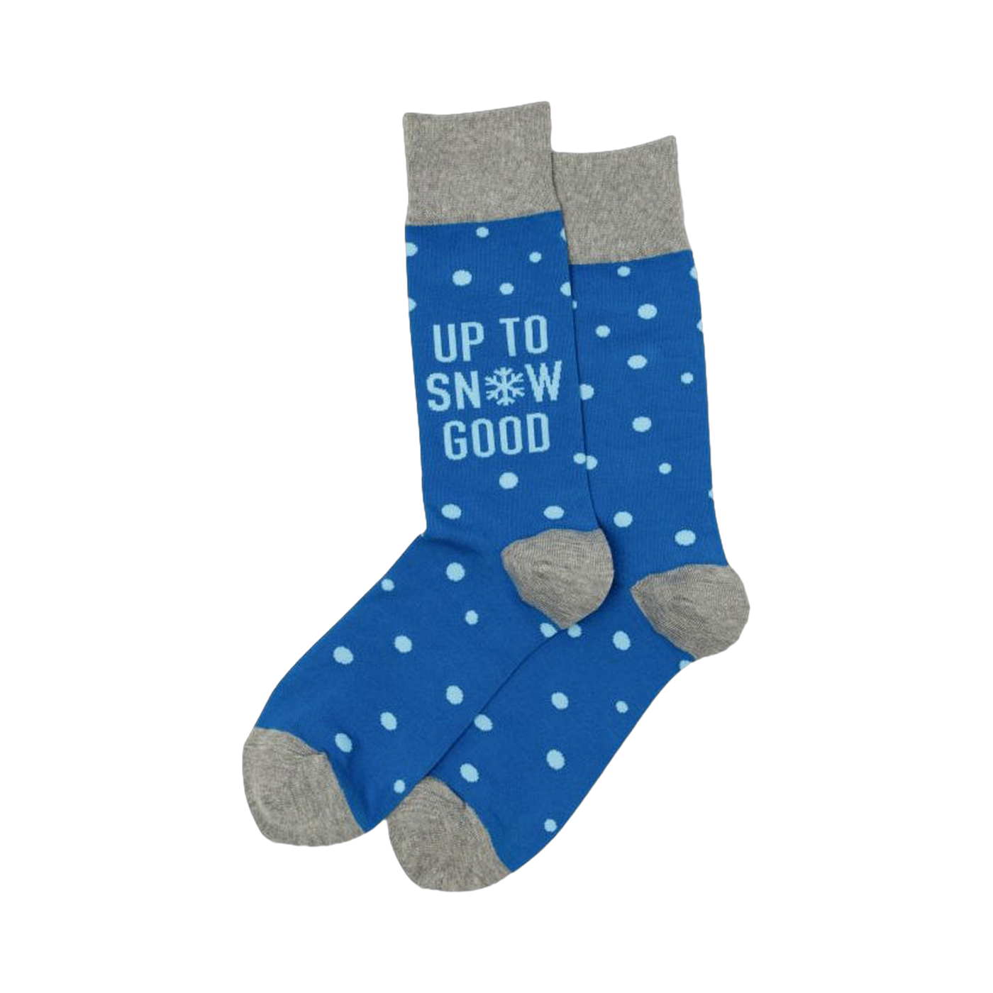 Pair of blue crew socks with light blue polka dots and the text "Up to Snow Good." Grey cuffs.