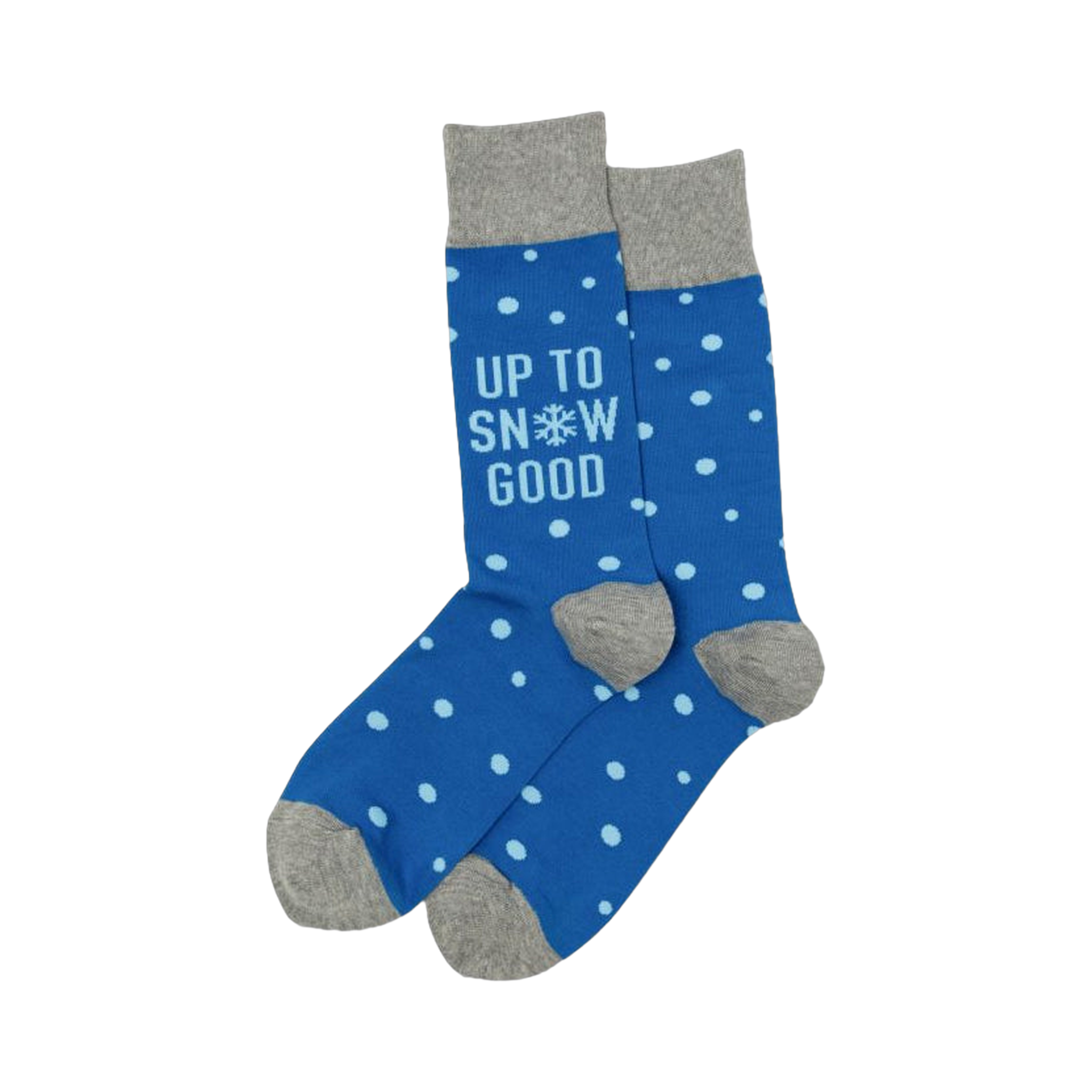 Pair of blue crew socks with light blue polka dots and the text "Up to Snow Good." Grey cuffs.