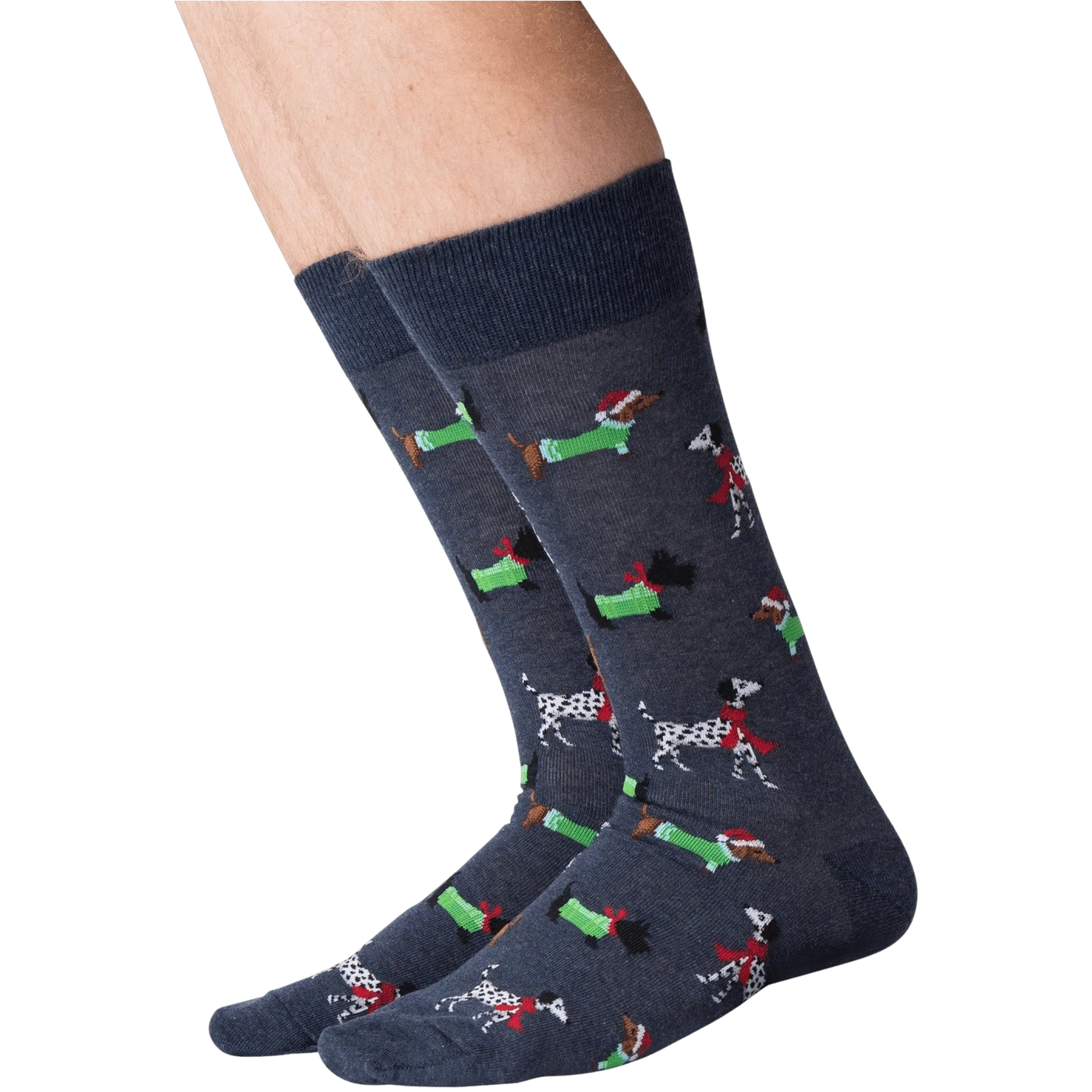 Close-up of a person's legs wearing dark gray Christmas dog socks against a black background.