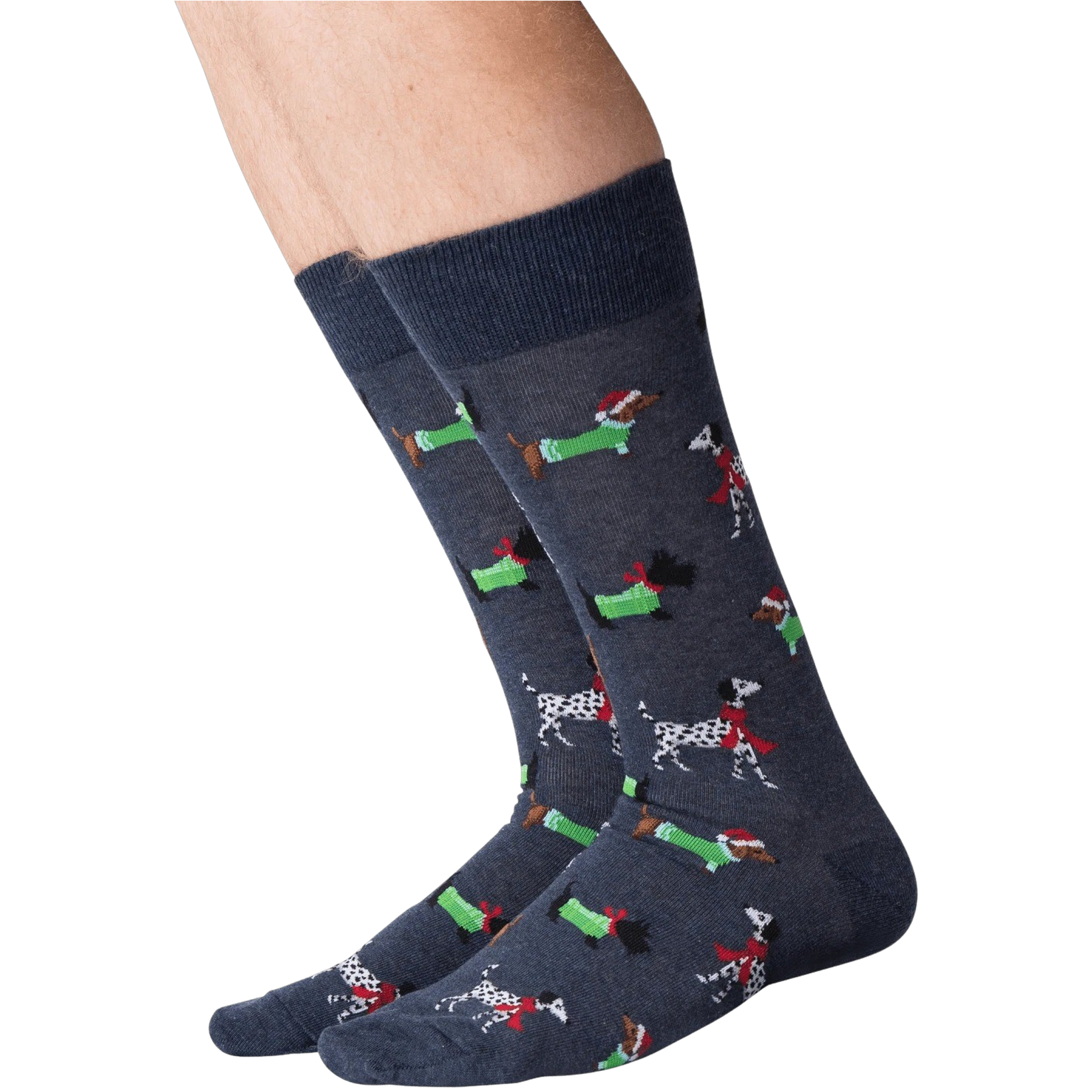 Close-up of a person's legs wearing dark gray Christmas dog socks against a black background.