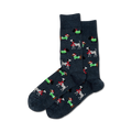 Pair of crew socks in dark gray and light gray, featuring a repeating pattern of dachshunds and Dalmatians wearing festive Christmas scarves.
