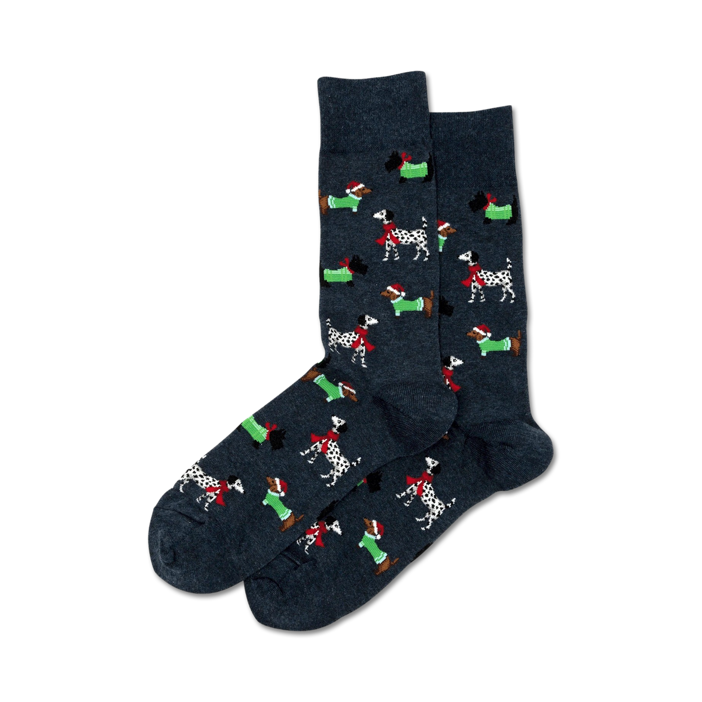 Pair of crew socks in dark gray and light gray, featuring a repeating pattern of dachshunds and Dalmatians wearing festive Christmas scarves.