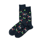 Pair of crew socks in dark gray and light gray, featuring a repeating pattern of dachshunds and Dalmatians wearing festive Christmas scarves.