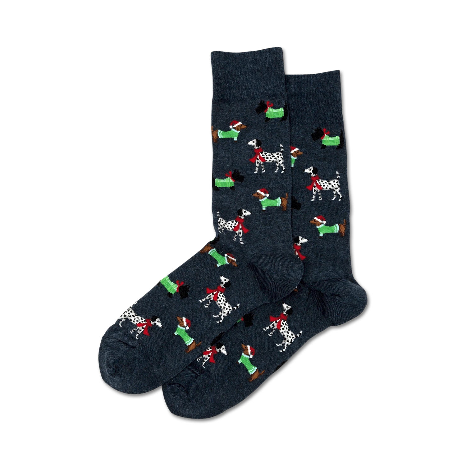 Pair of crew socks in dark gray and light gray, featuring a repeating pattern of dachshunds and Dalmatians wearing festive Christmas scarves.
