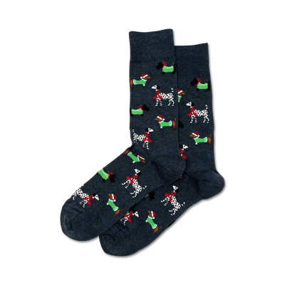 dark blue men's crew socks with cartoon dogs wearing christmas-themed hats.  