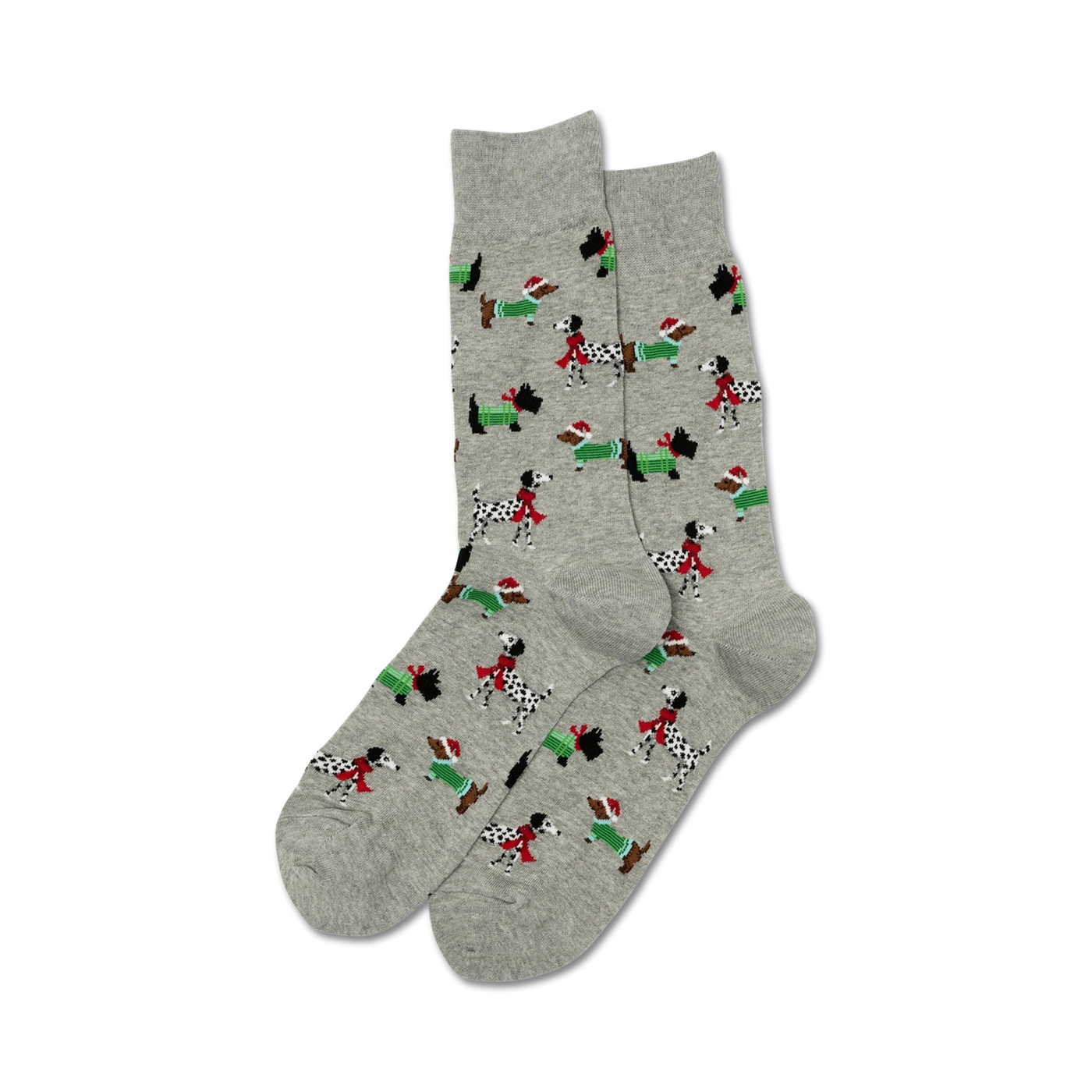 Pair of gray Christmas dog socks shown on a white background.