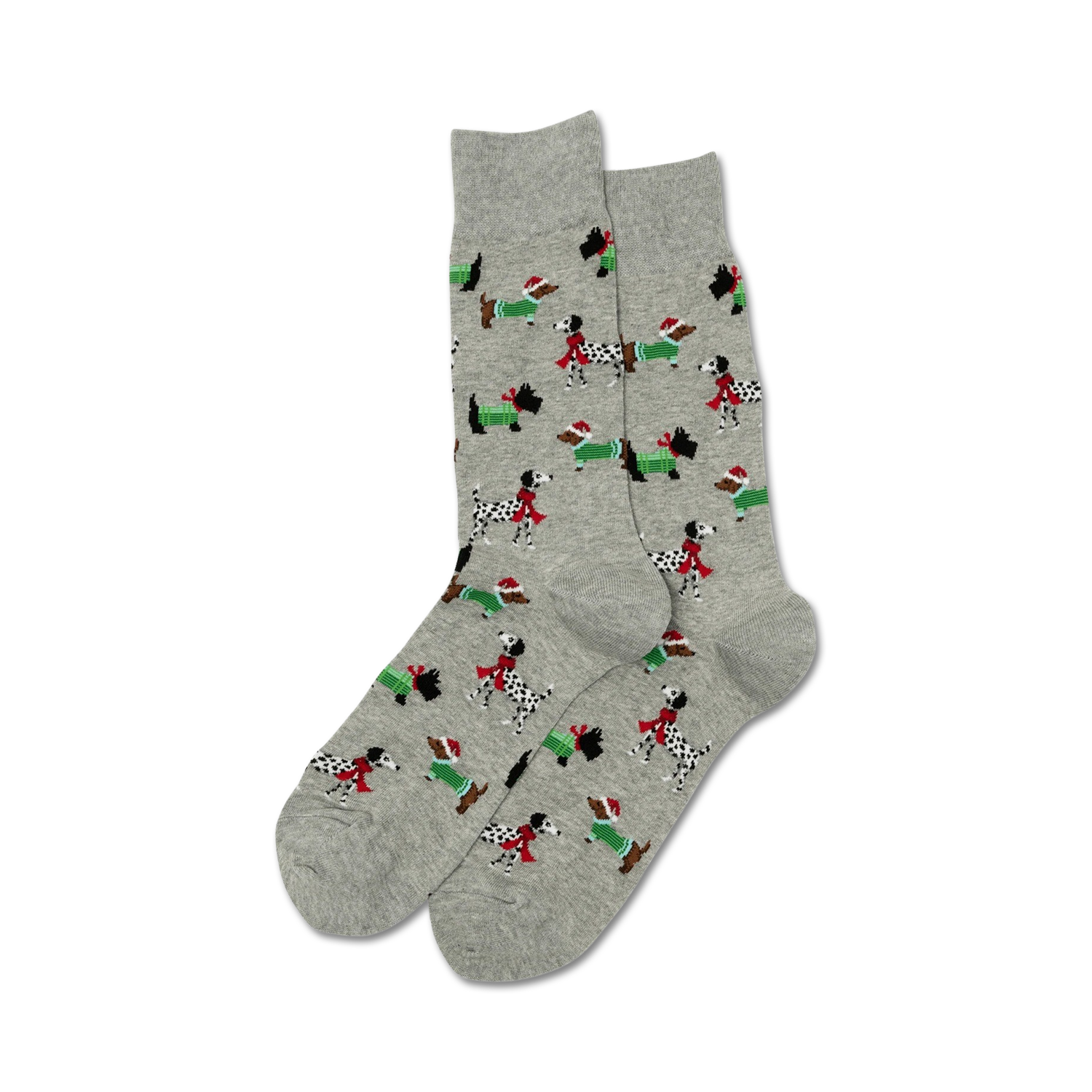 Pair of gray Christmas dog socks shown on a white background.