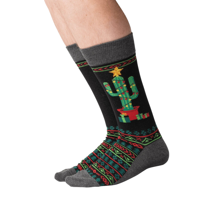 Lifestyle shot of a person wearing the Christmas Cactus Non-Skid Slipper socks.