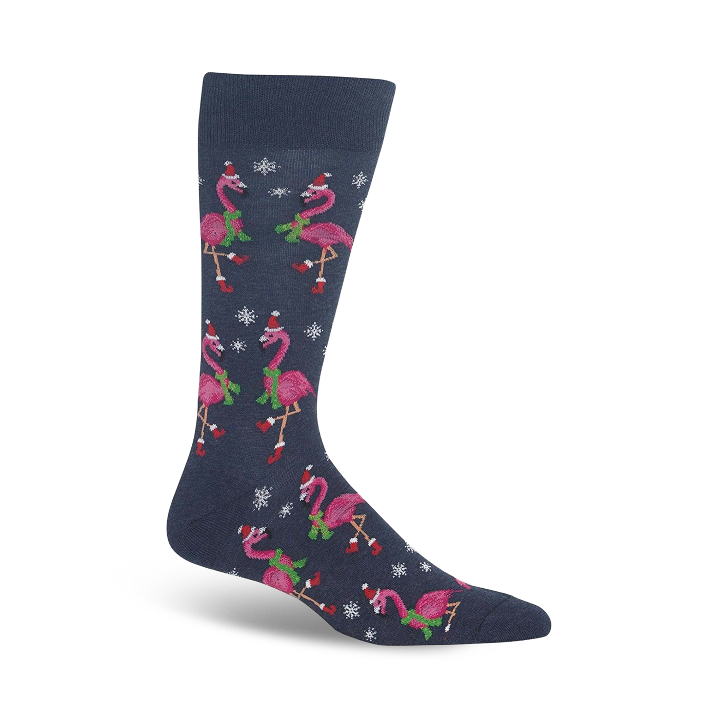 Crew socks in navy blue featuring pink flamingos wearing Santa hats and holding sprigs of holly. Snowflake accents complete the design.