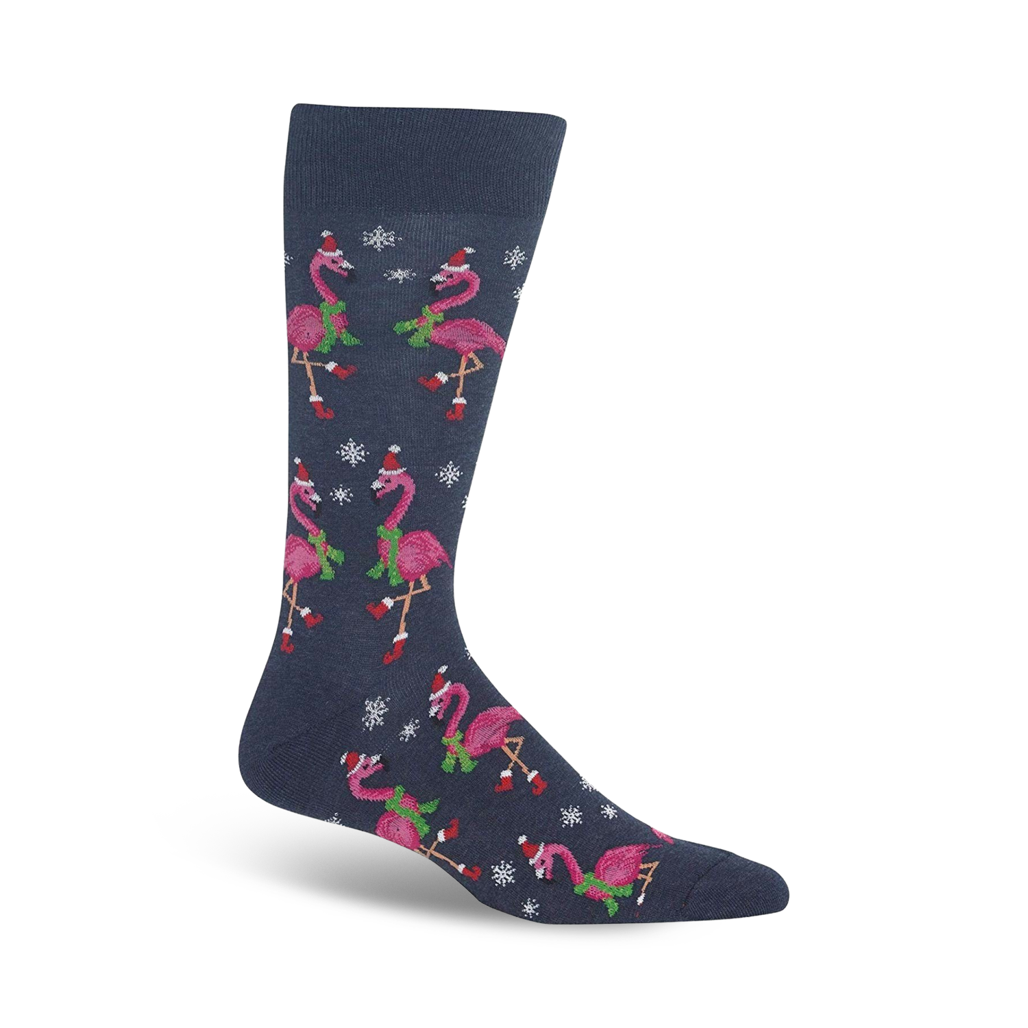Crew socks in navy blue featuring pink flamingos wearing Santa hats and holding sprigs of holly. Snowflake accents complete the design.