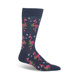 dark blue crew socks with a pattern of pink flamingos wearing santa hats, green scarves, and snowflakes - perfect for christmas.  