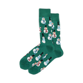 Pair of crew socks; green and red options shown; features a repeating pattern of friendly snowmen wearing hats and scarves.