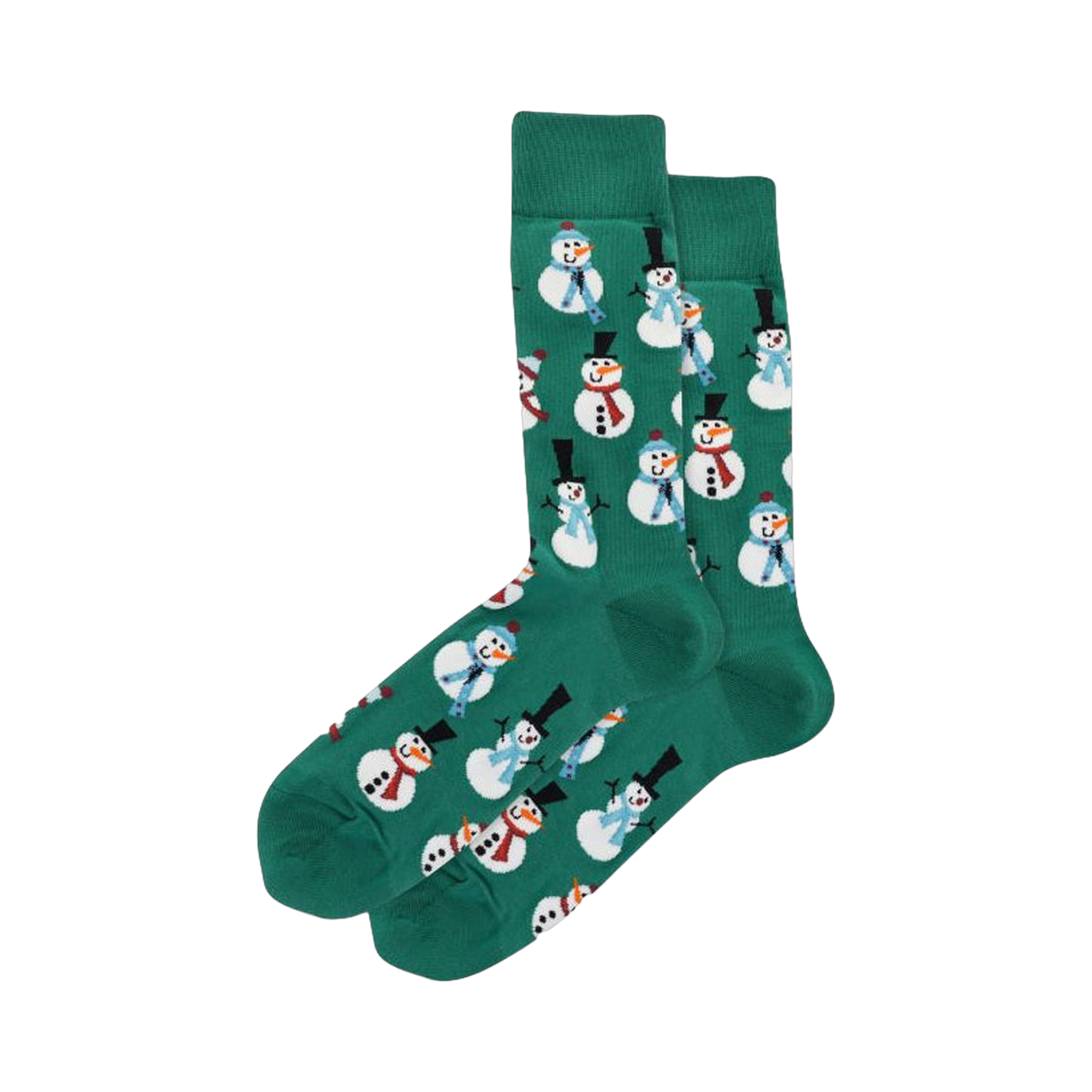 Pair of crew socks; green and red options shown; features a repeating pattern of friendly snowmen wearing hats and scarves.