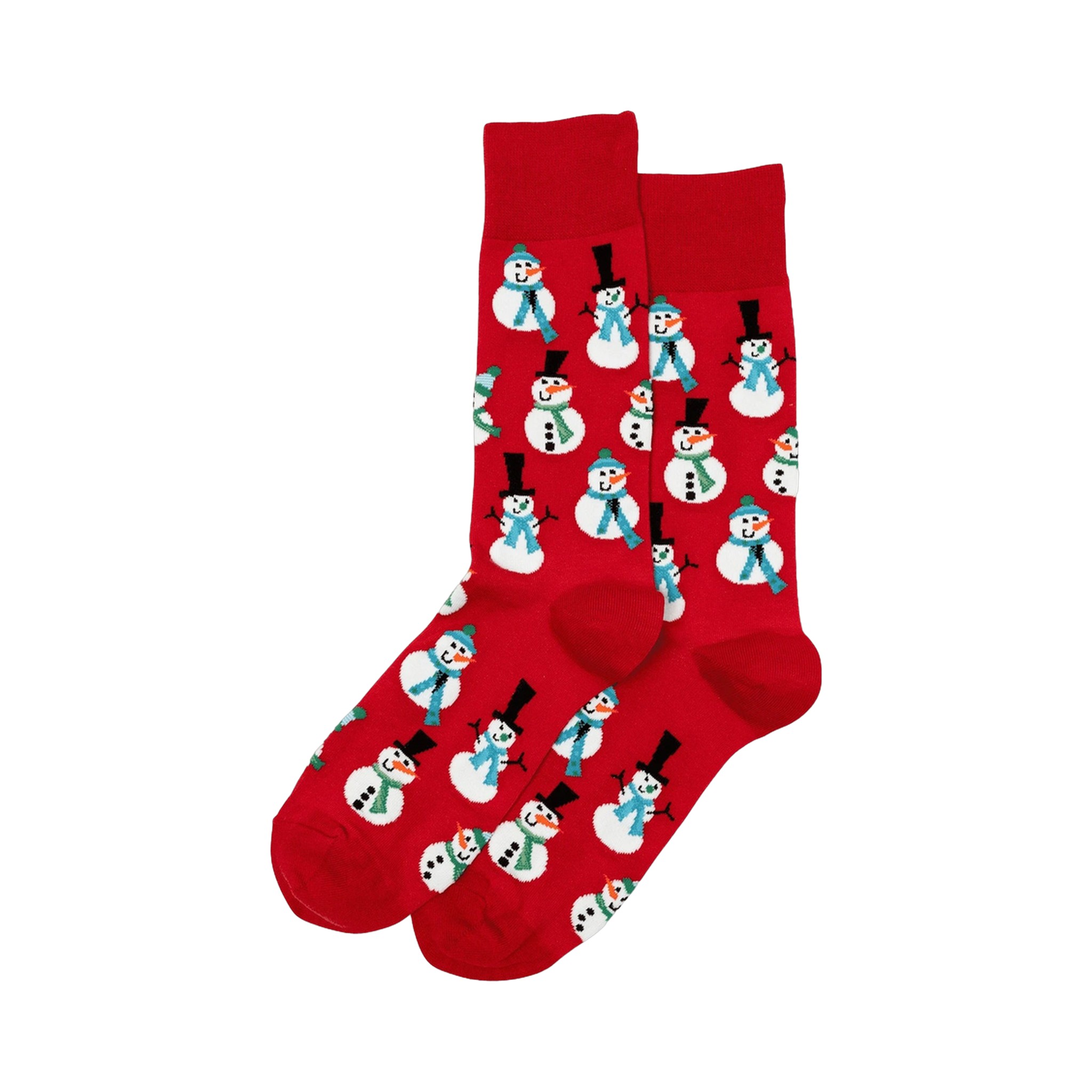 Close-up of red crew socks with snowman pattern. 