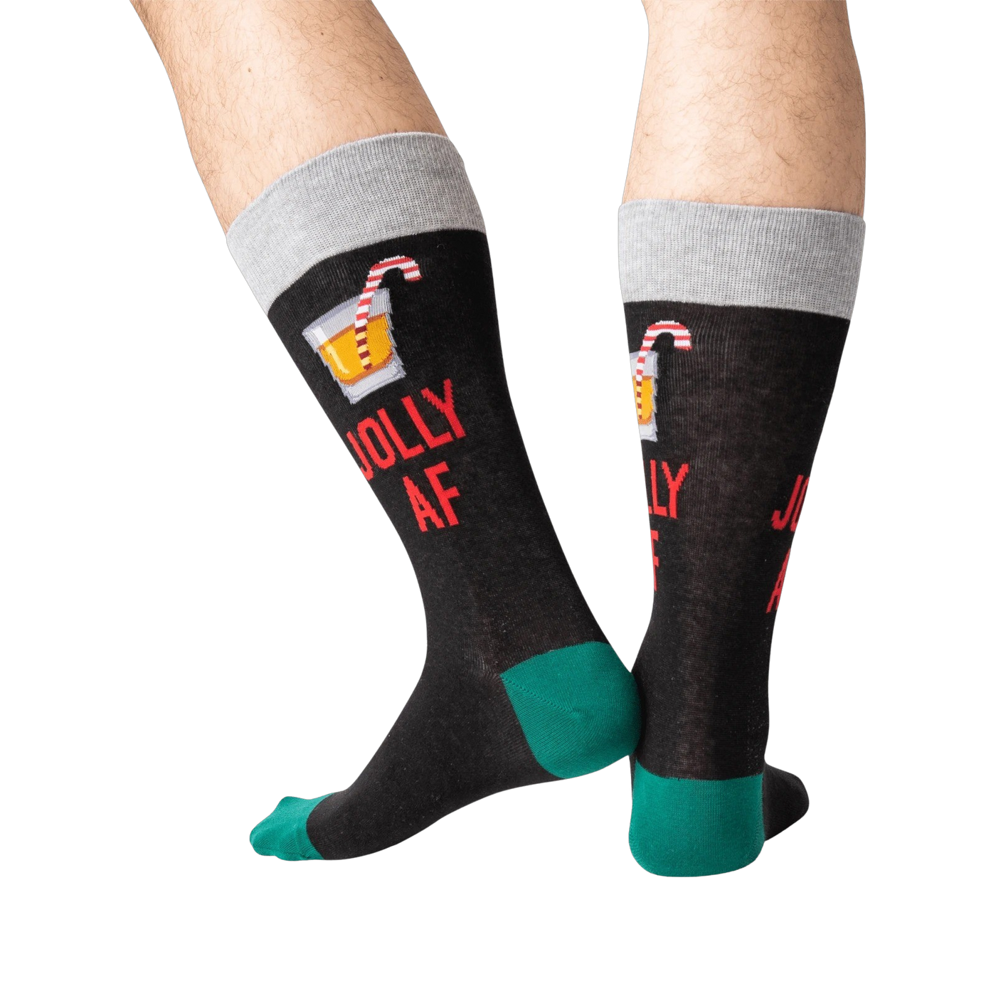 Back view of a person wearing black 'Jolly AF' socks; shows off the full design on the back of the socks.