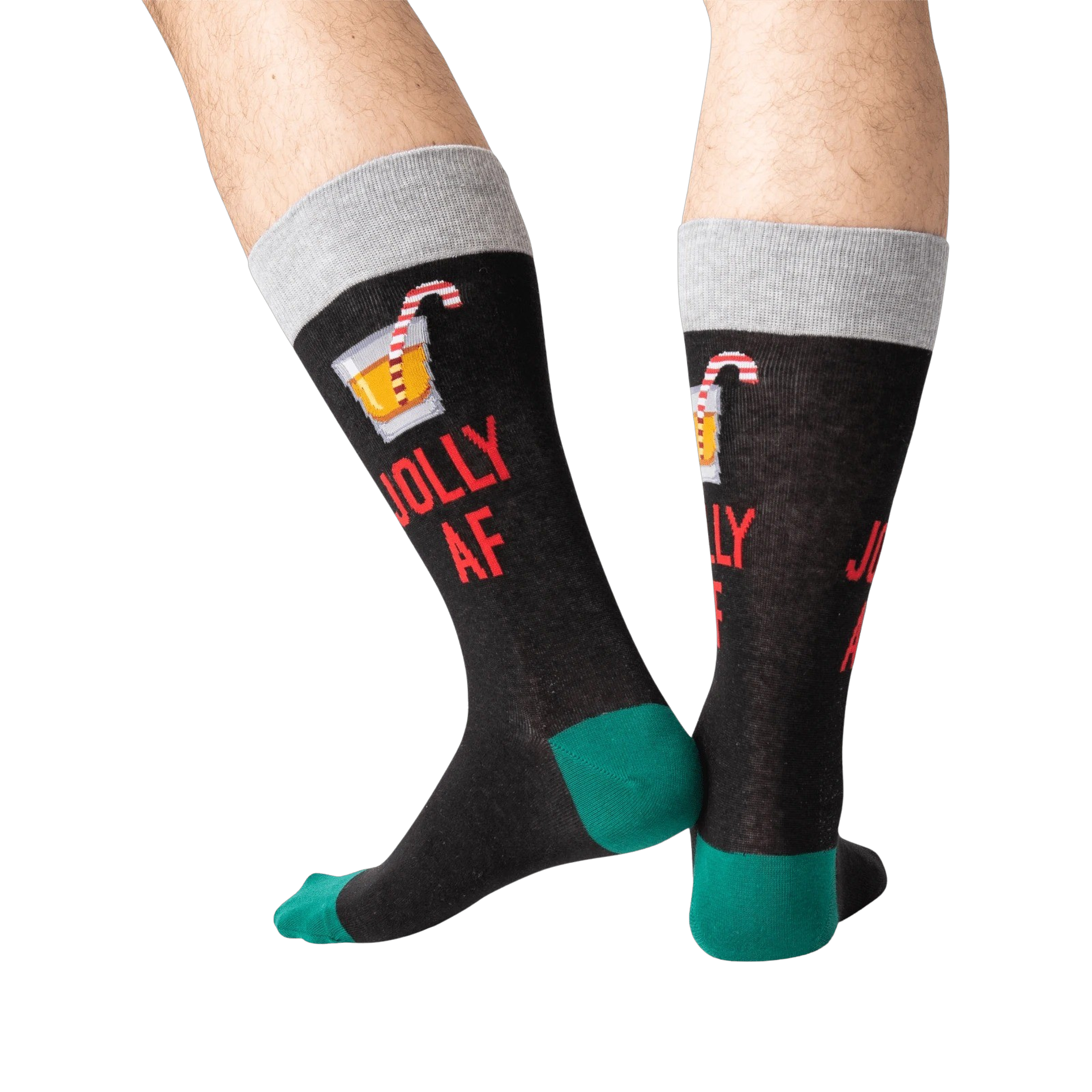 Back view of a person wearing black 'Jolly AF' socks; shows off the full design on the back of the socks.