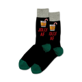 Pair of black crew socks with a green cuff.  Features a red 'Jolly AF' slogan and a cocktail graphic with a candy cane.