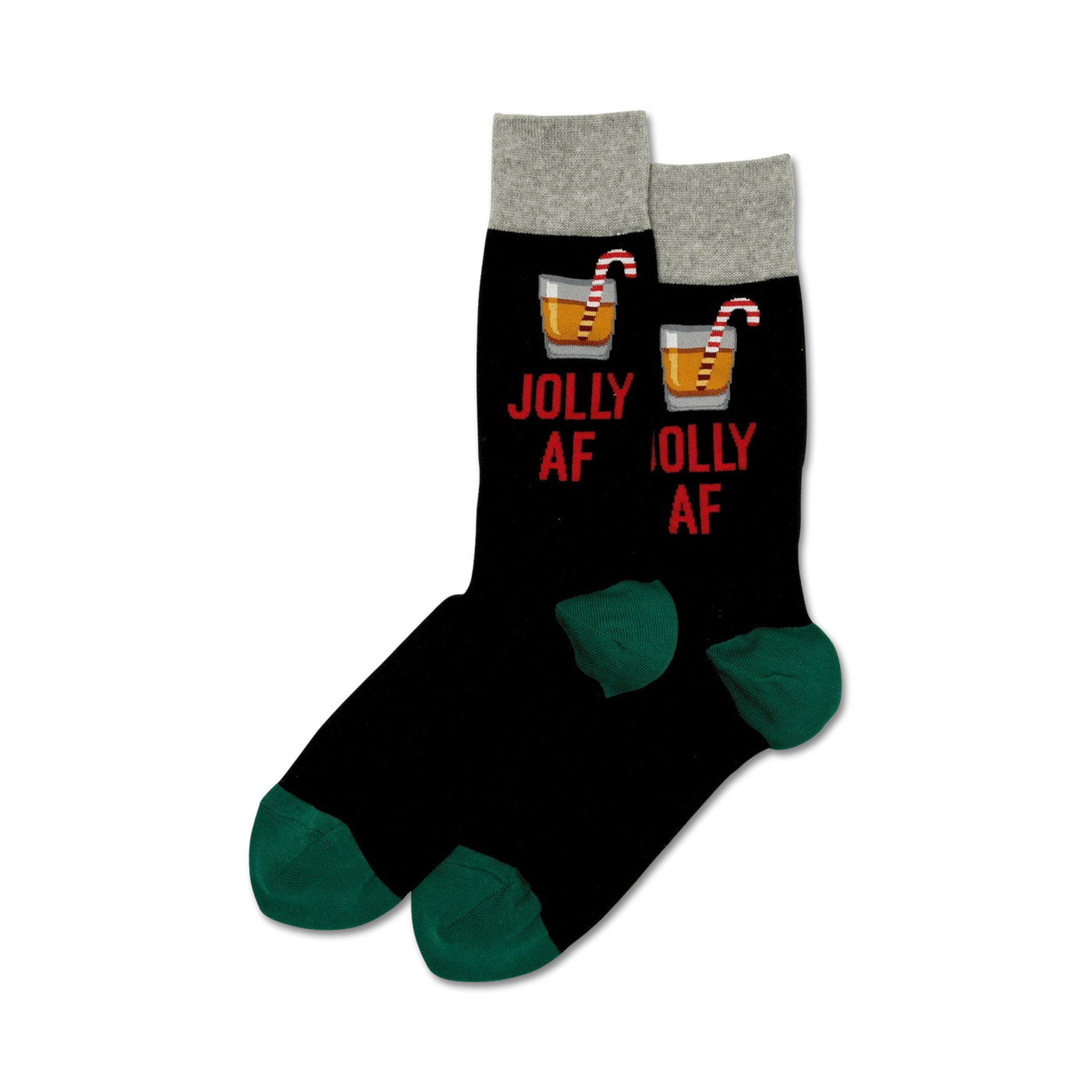 Pair of black crew socks with a green cuff.  Features a red 'Jolly AF' slogan and a cocktail graphic with a candy cane.